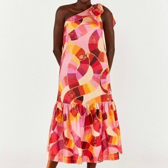 Farm Rio “Patch Twirl” One‑Shoulder Maxi Dress • NWT • Size L • Bold Patchwork - Picture 1 of 2